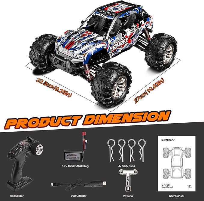 SIMREX 1/16 Scale Hobby RC Car 36 KPH High-Speed 4WD RC Truck 2.4 GHz Remote Control Car All-Terrain Electric Vehicle 4X4 Remote Contral Moster Truck for Kids and Adults