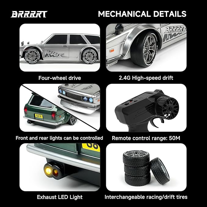 BRRRRT 4WD High Speed RC Drift Car1:24 Remote Control Car20KM/H Mini RC Drift Car with LED LightsAdjustable High Speed/Low Speed Drift CarExtra Drifting TiresBirthday Gifts for Kids Gift 6+