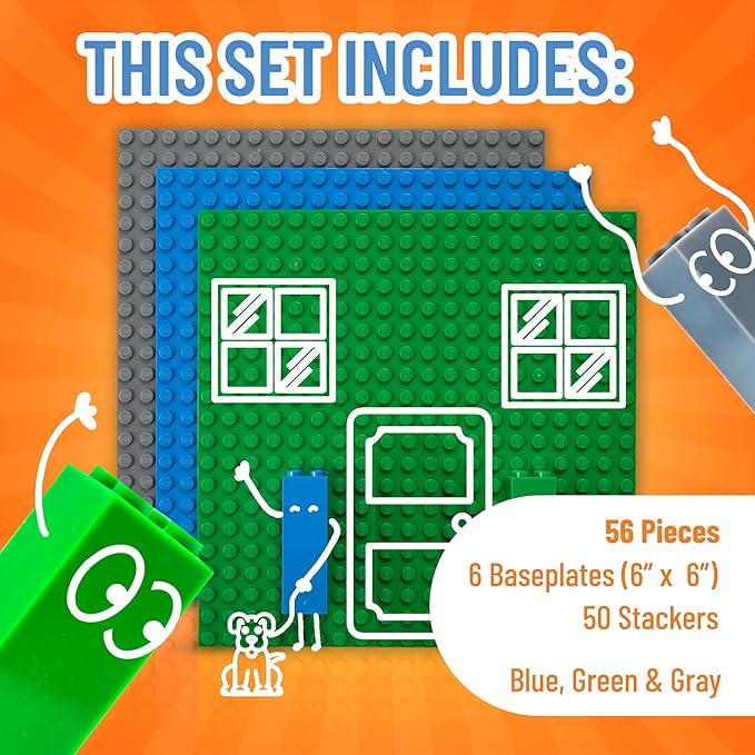 Strictly Briks Stackable Baseplates - Vertical Expansion with Stackable Brick Plates - Multi-Level Base Plate Organizer - Compatible with Lego - Pack of 6 Baseplates &amp 50 Connectors 6x6 in