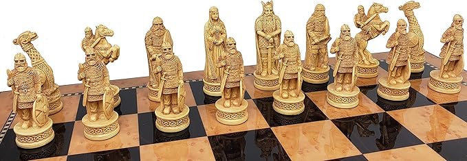 Antique Ivory &amp Brown Norse Viking Chess Set with 18 inch Walnut Color Board