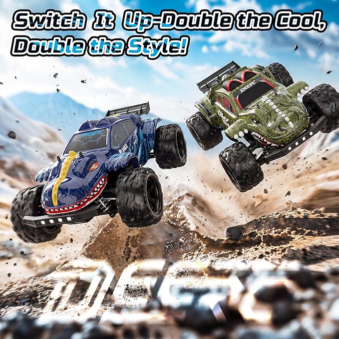 DEERC 9308E 1:16 Fast RC Cars for Boys Age 8-12 RC Monster Truck 40 KPHAll Terrain 4WD High Speed Dinosaur Truck 2 Car Shell2.4Ghz Off-Road Remote Control Cars with 2 Batteries Toy Gift for Kids