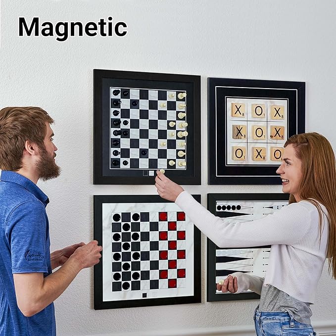 Magnetic Canvas Game Set. Chess/Checkers/Backgammon/TIC TAC Toe. Decrotive Game Sets use an mounting System That Gives Easy Access to Them. (Black and White)