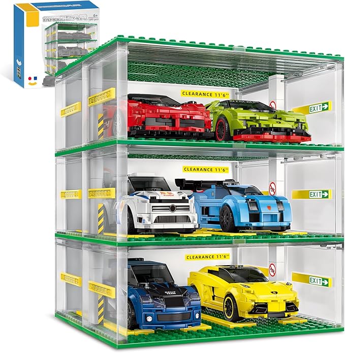 Creative Three-Story Building Block Garage with Display Features Compatible with Small Lego Cars (130 Pieces) Ideal for 8-Studs Wide Building Blocks Cars (Cars Not Included)