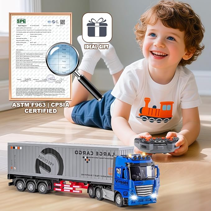 9 Channel RC Semi Truck with Trailer Metal Cab 2.4Ghz Remote Control Container Truck with Lights and Sounds Birthday Gift for Kids Boys 18.5