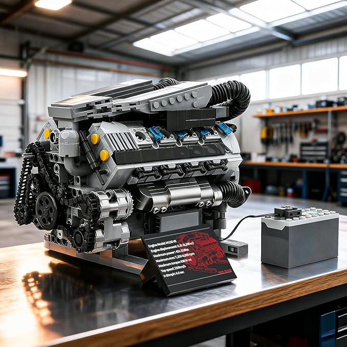 V8 Engine Model Kit That Runs MOC Collectible Mini V8 Engine Building Set with Motor Home Office Decor Ideal Gift for 14+ and Adults Compatible with Lego Set (931 PCS)