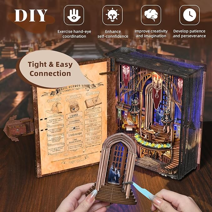 Magic Book Nook Kit - DIY Miniature House Dollhouse Kit for Adults Booknook Tiny House Bookshelf Decor 3D Wooden Puzzle Gifts for Family Friends (Magic Admissions Guide)