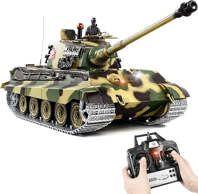 1/16 RC Tank Heng Long German King Tiger model Army Toy with Smoke Sound Light 2.4G Remote Control Tank That Shoot with Upgraded Metal Track Idler and Sprocket Wheel Steel Gearbox Two Batteries
