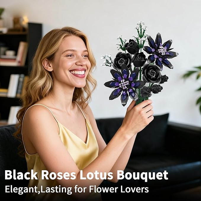 Flower Bouquet Building Set 12 Gothic Black Rose and Lotus Botanical Collection Building Block Toy Compatible with Lego Flowers for Adults Women Home Decor Gift for Valentine Mother's Day