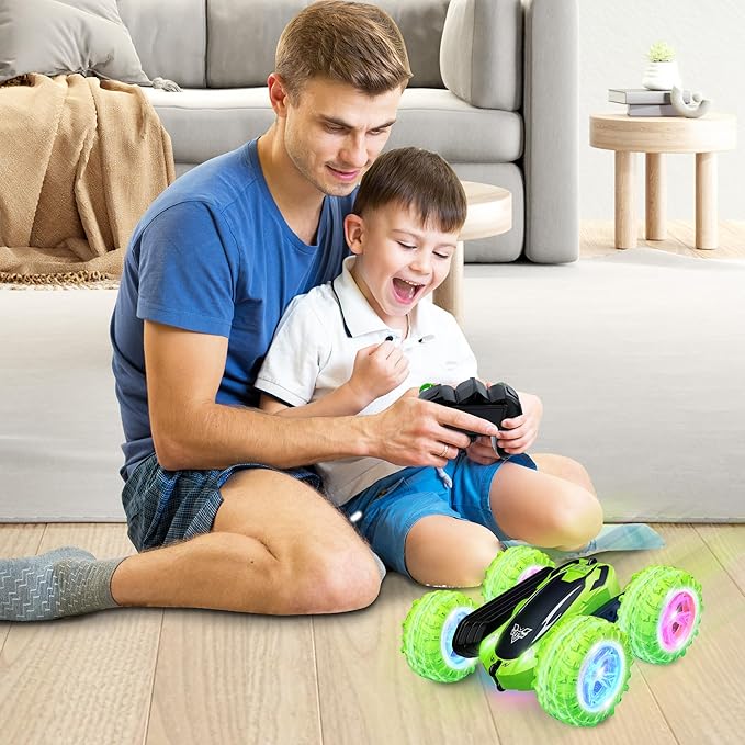 KKONES Remote Control Car 2.4GHz Electric Race Stunt Car Double Sided 360° Rolling Rotating Rotation LED Headlights RC 4WD High Speed Off Road Gift for 3 4 5 6 7 8-12 Year Old Boy Toys (Green)