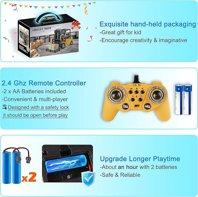 RC Forklift Truck 2 in 1 Transform Lift Fork &amp Hook Kids Forklift Toy 11 Channel Remote Control Forklift for Adults 2 Battery Spray Light RC Construction Vehicles Toy for Kids 6+ Gift