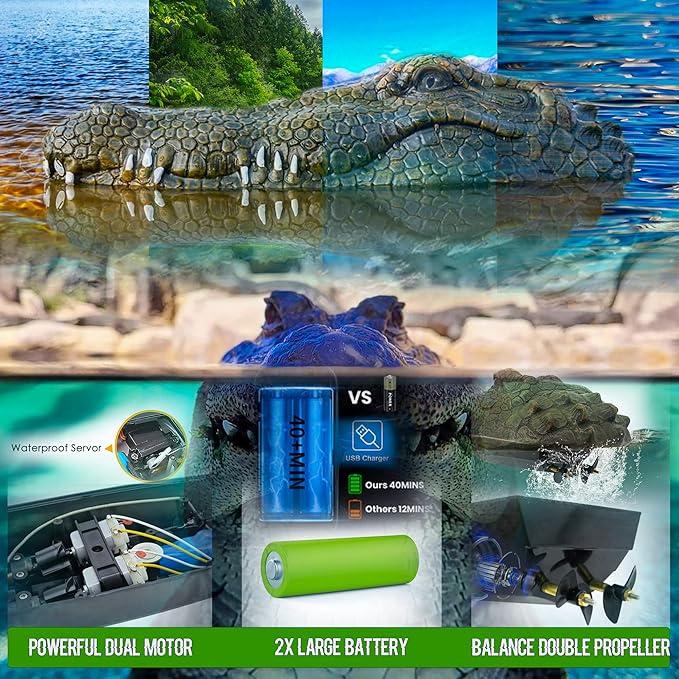 2.4 GHz Remote Control Alligator Head Boat RC Boats - Large Resin Decoy and Floating Crocodile Head Toy Rechargeable Battery Prank Toys Remote Controlled Boat Lake &amp Pool