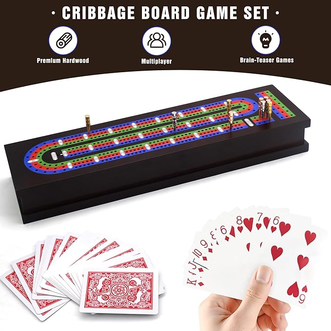 Wooden Cribbage Board Game Set with Metal Pegs and 2 Decks of Playing Cards Travel Cribbage Board with Card Storage Magnetic Lock Classic Continuous 3 Track Cribbage Set for Family
