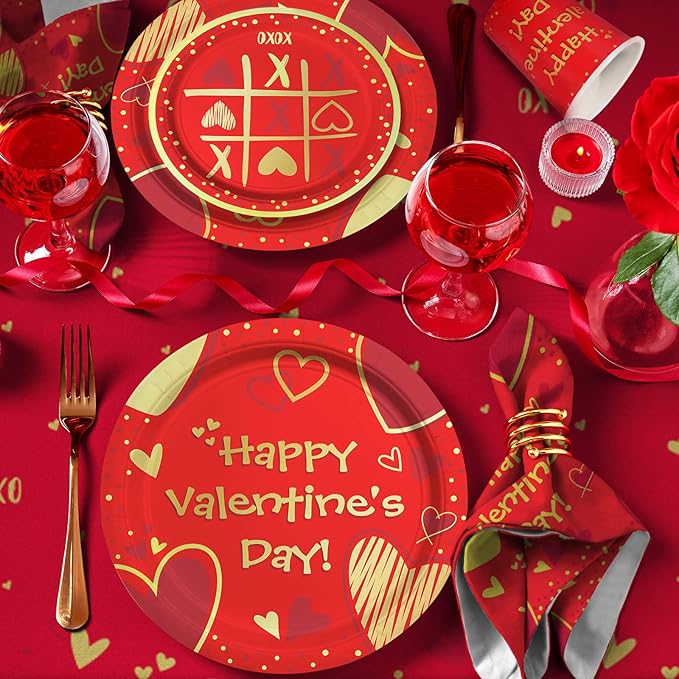 Valentine's Day Party Supplies Red Heart Love Disposable Paper Plates Napkins Cups plastic Tablecloth for Valentine's Day Engagements Anniversary Birthday Party Serve 25