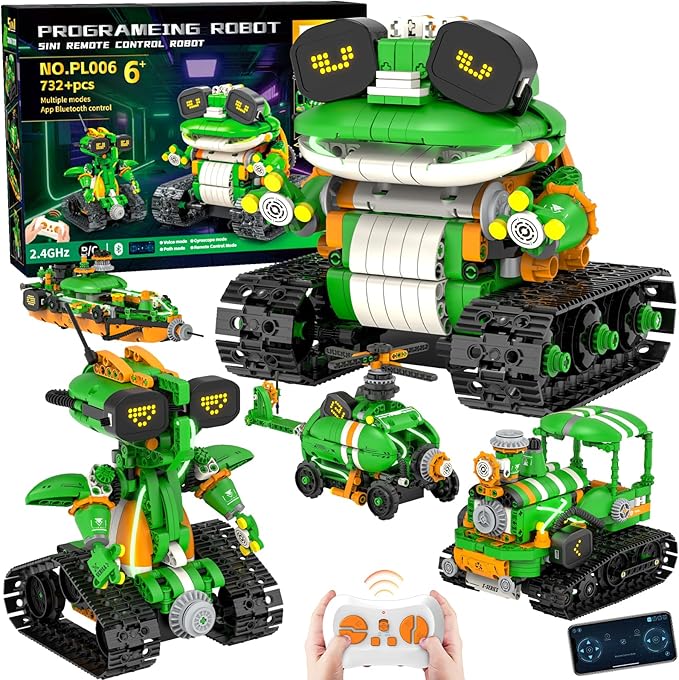 STEM Robot Building Kits for Kids 6-14 5in1 Remote &amp APP Controlled STEM Tractor/Frog/Robot Building Toys 732 Pcs Educational Building Block Sets for Kids Erector Sets Gifts for Boys Girls