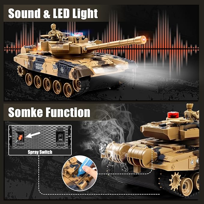 1/24 Remote Control Tank 2.4Ghz Russian T-90 RC Tank &amp 330° Turret Rotation 2× Rechargeable Batteries Army Toys for Boys Infrared Battle Toy with Lights Smoke and Sound Effect Gift for 4+ Kids