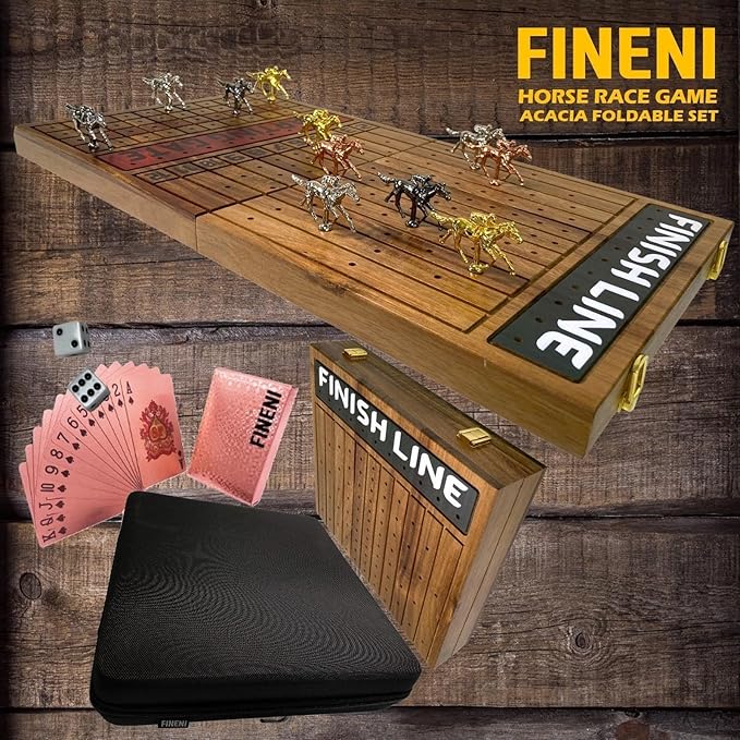 Horse Racing Game for Adults - Foldable Board Game With 11 Luxurious Metal Horses (Gold Silver Black RoseGold) - 22 Acacia Wood Race Game Board Dice &amp RoseGold Card