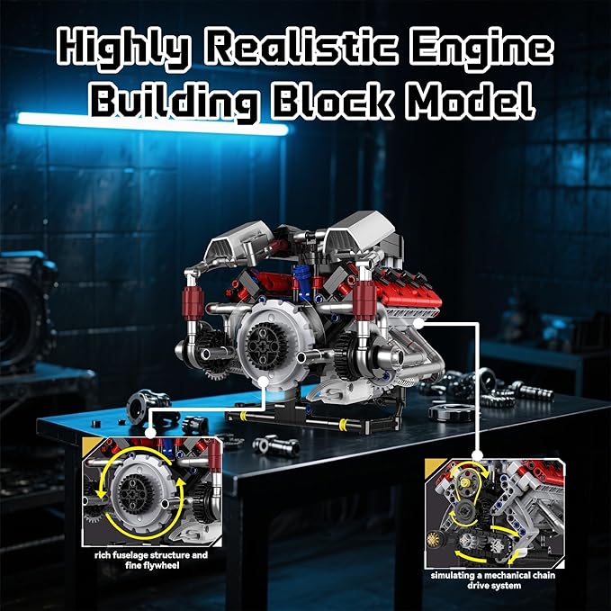 Mini V8 Engine Kits That Works Building Sets 8-Cylinder Model Technic with Motor APP Control &amp Light Mechanic Engineering Collection for Adults Boys 14 Years &amp Up