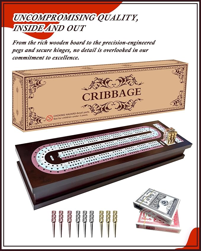 Wooden Cribbage Board Game Set with Cards &amp Metal Pegs – Foldable 3 Track Cribbage Board with Magnetic Lock Large Storage Area – Travel Portable Cribbage Game for Adults &amp Family