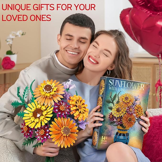 Flower Bouquet Building Blocks Set with Vase Mothers Day Mom Grandma Gifts 1065PCS Artificial Sunflower Botanical Nurse Teacher Appreciation Birthday Gifts for Wife Women Her Him Teen Girls Adults