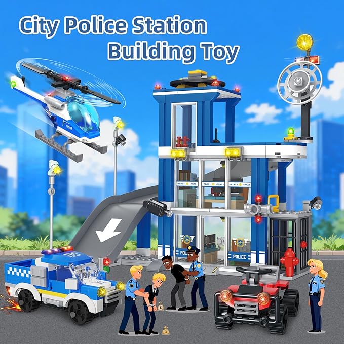 City Police Station Building Sets 601PCS City Police Sets Toy with Police Car Gangster Car Helicopter Police Building Block Toys Gifts for Kids Boys Ages 6-12
