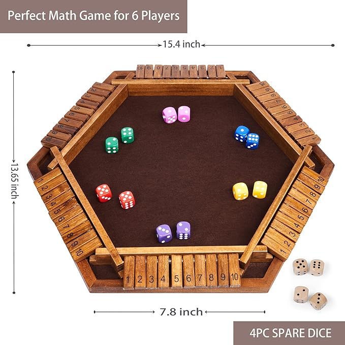 Vamslove Shut The Box Dice Game Wooden Board (L15 x W13) for 1 2 3 4 5 6 Player 6 Sided 10 Numbers Math Games with 16 Dices for Kids Adults(Instructions Included)