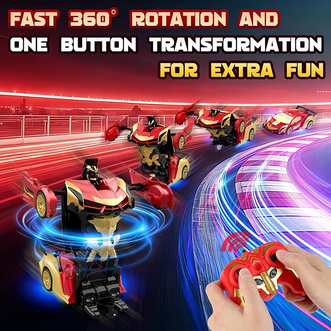 Transform RC Iron Man Cars Robot Toys with Underbody Lights 2.4GHz Hero Remote Control Car One-Button Deformation 360°Rotation Robot Car Toys Christmas Birthday Gifts for Kids Age 4 -12(1:18 Scale)