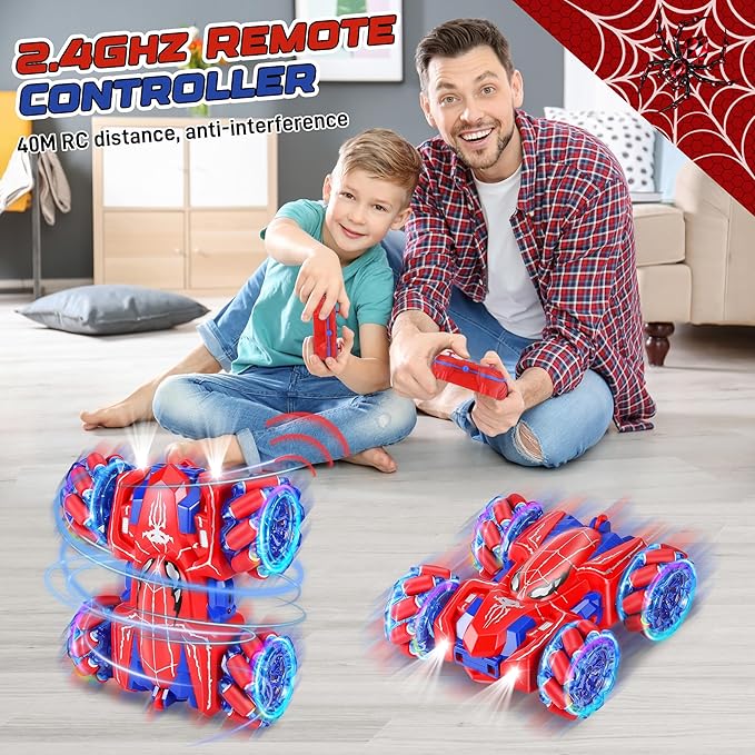 Spider RC Cars for 4 5 6 7 8 Year Old Boys - 2.4Ghz Rechargeable Double Sided Remote Control Stunt Car 360°Rotating 4WD Off-Road RC Drift Car with Light Birthday Xmas Gifts for Kids Age 4-6 5-7 8-12