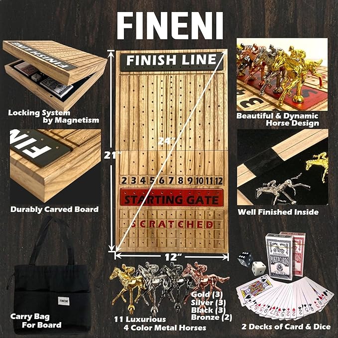 Horse Racing Game for Adults Foldable Horse Race Board Game with 11 Luxurious Metal Horses (Gold Silver Black Bronze) 24” Wood Horse Race Game Board Big Dice 2Card &amp Bag (Log1)