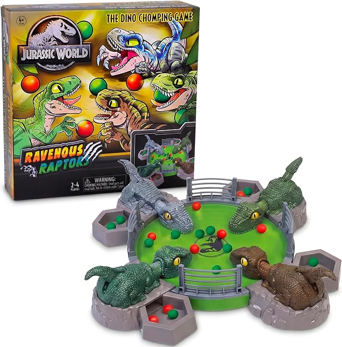 Jurassic World Ravenous Raptors Board Game– Dino Chomping Board Games for Kids Interactive Dinosaur Game w/Snack Balls Play Arena &amp Raptors Easy Play Durable Design for Kids Ages 4+