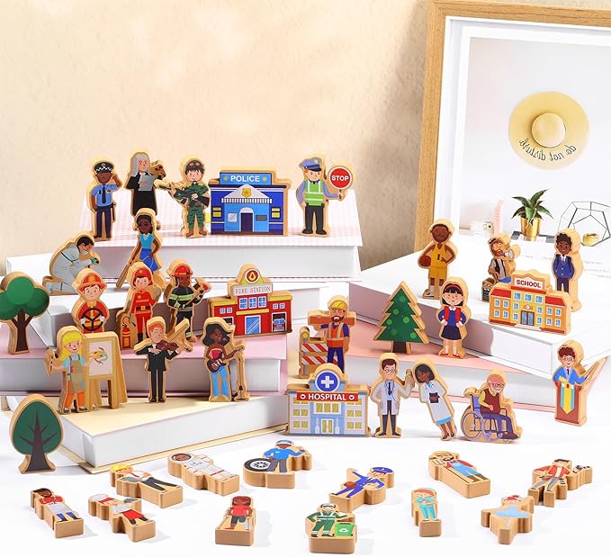 Blosssound 40 Pcs Wooden Community Helpers for Kids Little Occupations Figures Play Toys Wooden Blocks Multicultural Career Preschool Classroom Educational Supplies Birthday Gifts