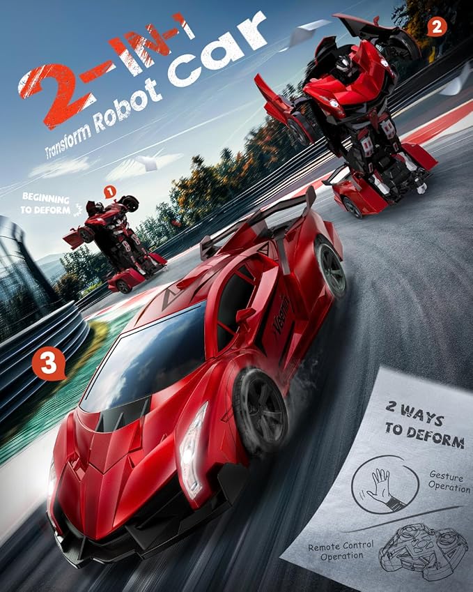 V992 Transform Remote Control CarTransform Robot RC Cars1:14 Scale2-in-1 Robot Toy Car with Sound &amp LightGesture SensingAutomatic DeformationGreat Gifts Toys for Boys and Girls 4-6 (Red)
