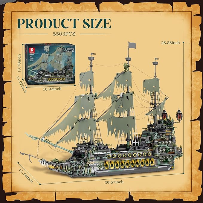 Reobrix Pirate Ship Building Sets MOC Flying Dutchman Model Toy BoatGreen Ghost Ship Building Blocks Sets 66037Toy Sets for AdultsHalloween Home Decor Birthday Gifts for Kids 14+(5503 PCS