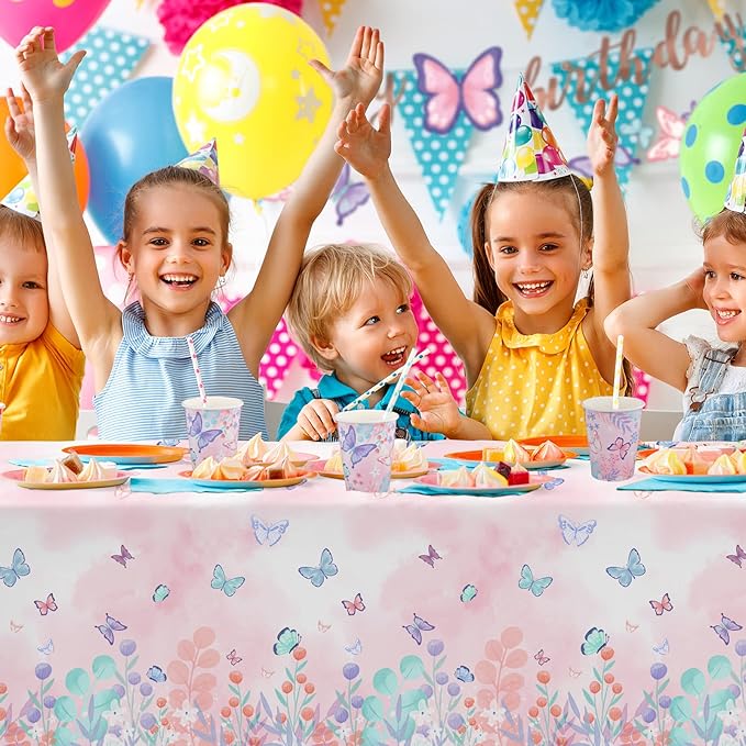 Butterfly Birthday Party Supplies Disposable Paper Plates Napkins Cups Tablecloth and Banner for Butterfly Girl Party Birthday Decorations Serve 25