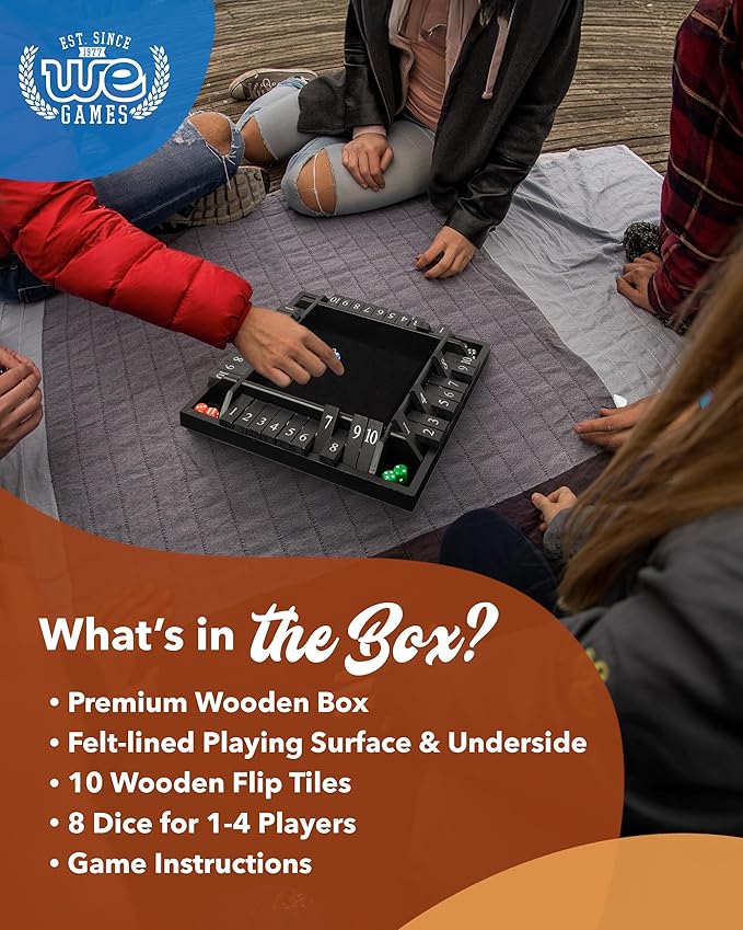 WE Games Wooden Shut The Box Game 4 Player - 10 Number Tiles &amp 8 Dice - Large 14-Inch Black Stained Wood Finish