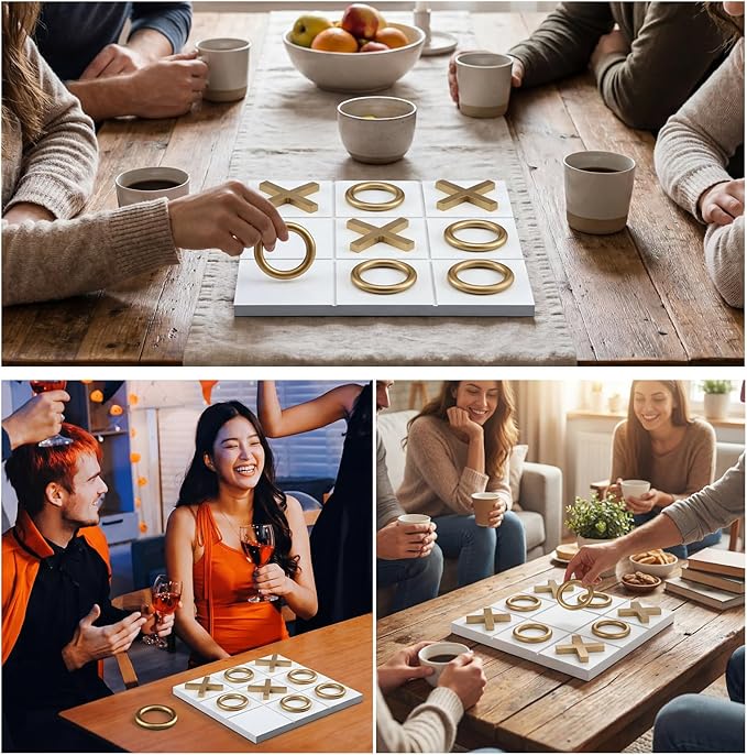 11.8x11.8 Inch Tic Tac Toe Wood Game Board Coffee Table Decor Modern Wooden for Board Table Top Living Room Decor Fun Family Party Adults Travel Ages15+(White Gold)