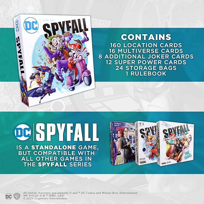 DC Spyfall - The Perfect Party Game - Find The Joker Before Time Runs Out - for 3 to 8 Players - Board Games for Teens and Adults - Featuring Batman Superman Wonder Woman and More - Ages 13+