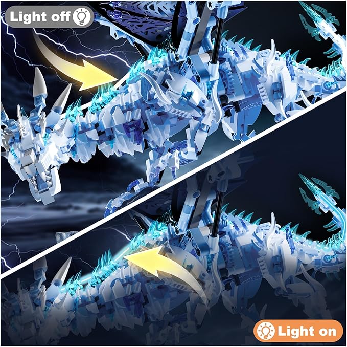Mechanical Ice Dragon Building Block Toy Kit with LED Light Movable Linkage Gears Display Stand - Fantasy Dragon Model Kit for Teens &amp Adults 1646 PCS
