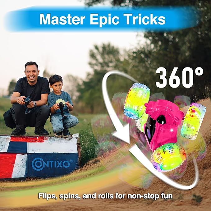 Contixo SC3A Toy Remote Control Car for Kids with Double-Sided 360° Rotating Stunt 4WD Off-Road RC Cars with LED Lights Birthday for Boys and Girls Ages 4 5 6 7 - Pink