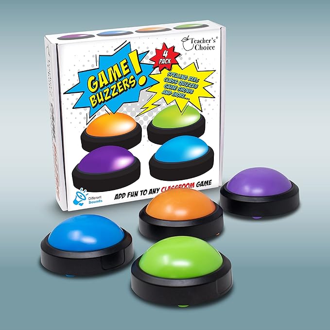 Teacher's Choice 4 Pack Game Buzzers with Unique Loud Sounds for Each Buzzer | Great for Trivia Games Family Feud Jeopardy Competition Spelling Bees and More