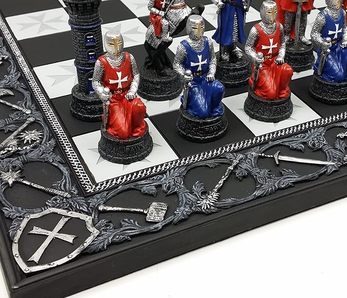 Medieval Times Crusades Red and Blue Armored Maltese Knights Chess Set with 17 Board