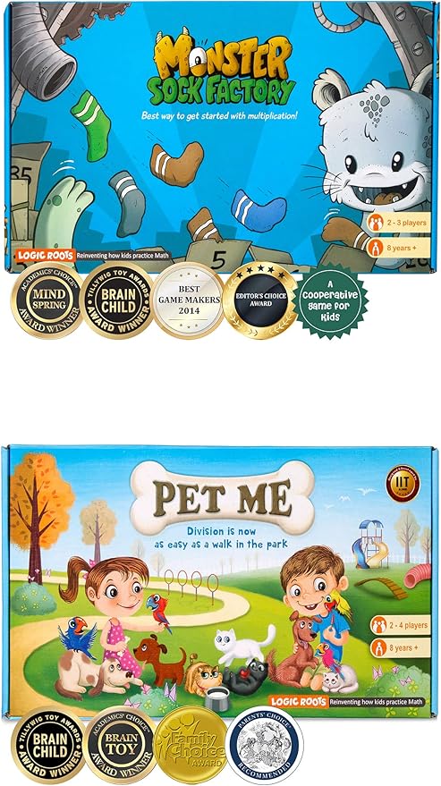 Two Math Games for Kids - Learn Addition Subtraction and Multiplication Table | Educational Games for Kids 5 and up for Kids (Pet Me + Monster Sock Factory)