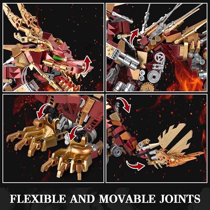 HIGH GODO Dragon Building Blocks Sets for Adults Red Mechanical Dragon Animal Building Model Collectible Display Toys Cool Toys Gifts for Fans Teens 14+ (1596 Pieces)