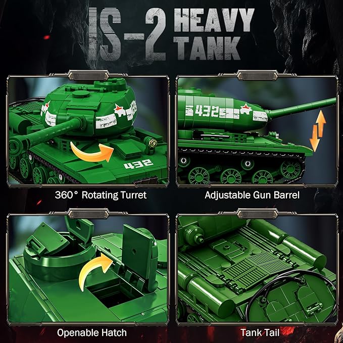 Brihappen Tanks Building Set for Adult Boys (1402 Pieces) Military World Classic is-2 Heavy Tank Blocks Toy Home Office Collection Model Birthday Gifts for Building Blocks Lover