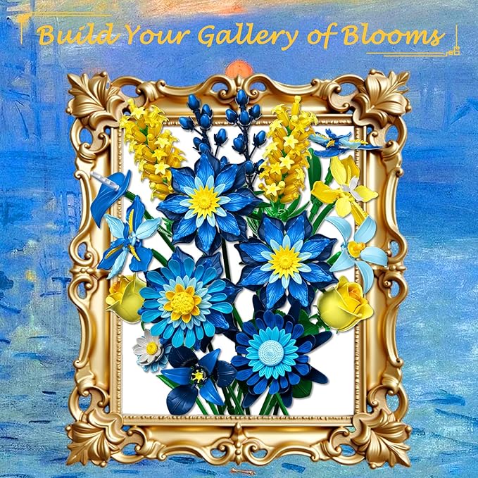 Glacia Daisy Flower Bouquet Building Kit Art-Inspired Ice Blue Floral Arrangement with Premium Blocks Eternal DIY Flower Decor for Home for Christmas Day Building Set for Adults &amp Kids