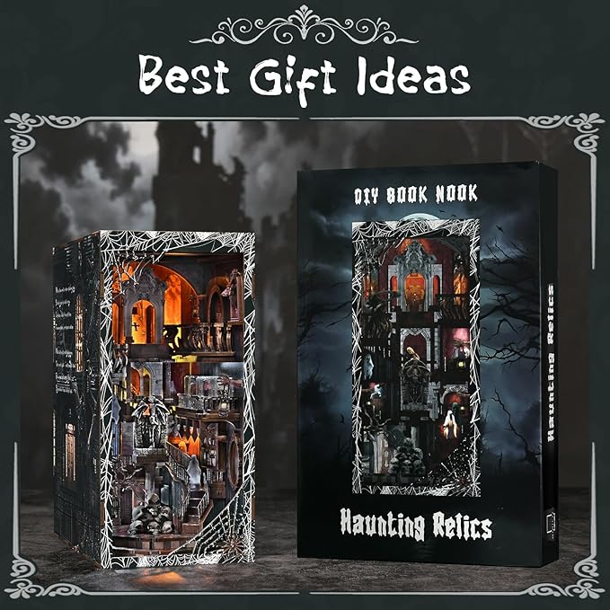Book Nook Kit DIY Doll House Booknook Miniature Kit for Bookshelf Doll Houses for Adults Teen Halloween 3D Wooden Puzzle Bookends with Led Light and Dust Cover (Haunting Relics)