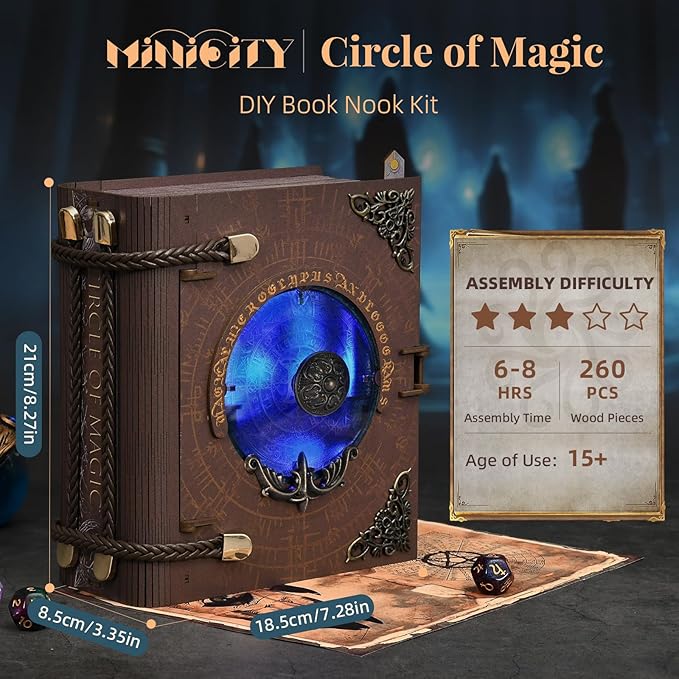 Book Nook Kit with LED Light Miniature House Kit for Birthday 3D Wooden Bookends Puzzle Bookshelf Decor for Adults Teens Beginners (Circle of Magic)