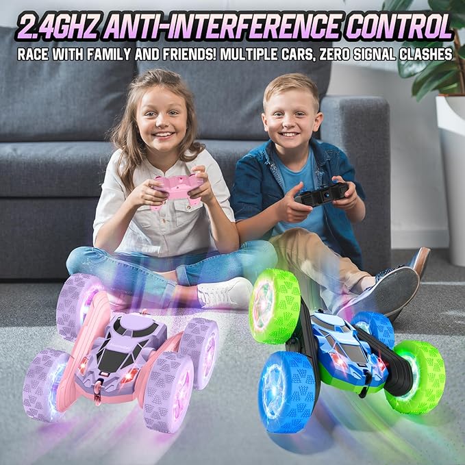 Remote Control Car Double Sided 360°Rotating 4WD RC Cars with Sparkling LED Wheels 2.4GHz Electric Race Stunt Toy Car Rechargeable Toy Cars for Boys Girls Birthday Valentines Gift