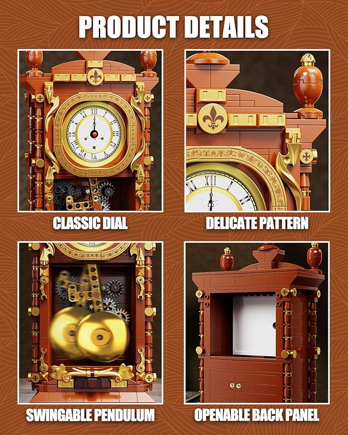 Vintage Pendulum Clock Building Block Set Stem Toy with Real Clock Function and Linkable Mechanical Pendulum Unique Home Decoration and Collectible for Adults&ampKids 6+
