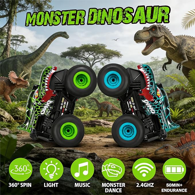 DYODYORC Remote Control Car 2.4Ghz All Terrain Dinosaur Monster Truck Toys RC Truck with Music 3 Lighting Effects 360 Stunt Capable 2 Batteries Ready to Run Toy Gifts for Boys and Girls (Green)