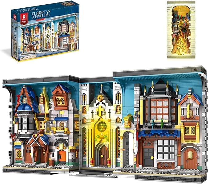 Reobrix Medieval Architecture Book Nook Building Set with Lights European Century Street View Bookshelf Insert Decor Bookshelf Diorama Building Blocks Kit DIY Miniature House Model Kit